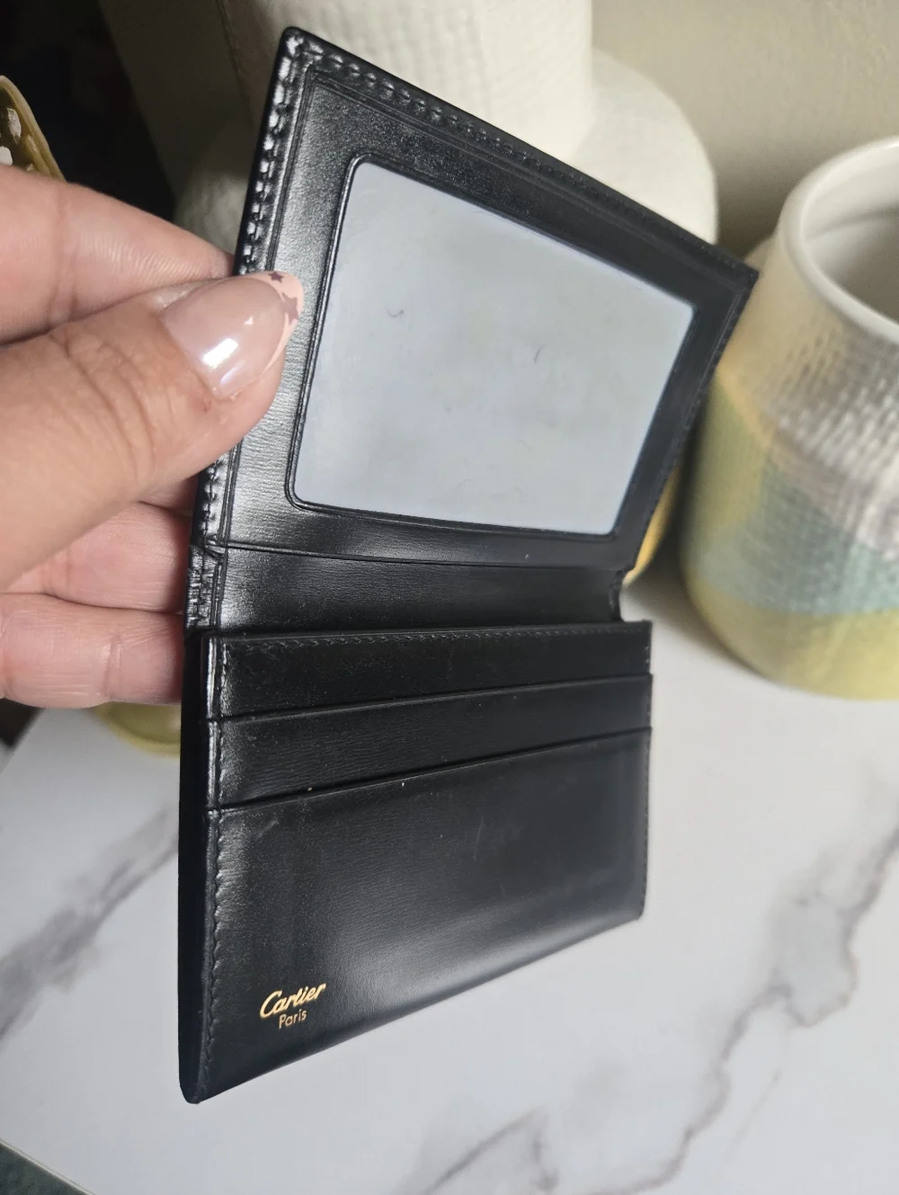 Vintage GUC Cartier Black Leather Slim Bifold Card Wallet